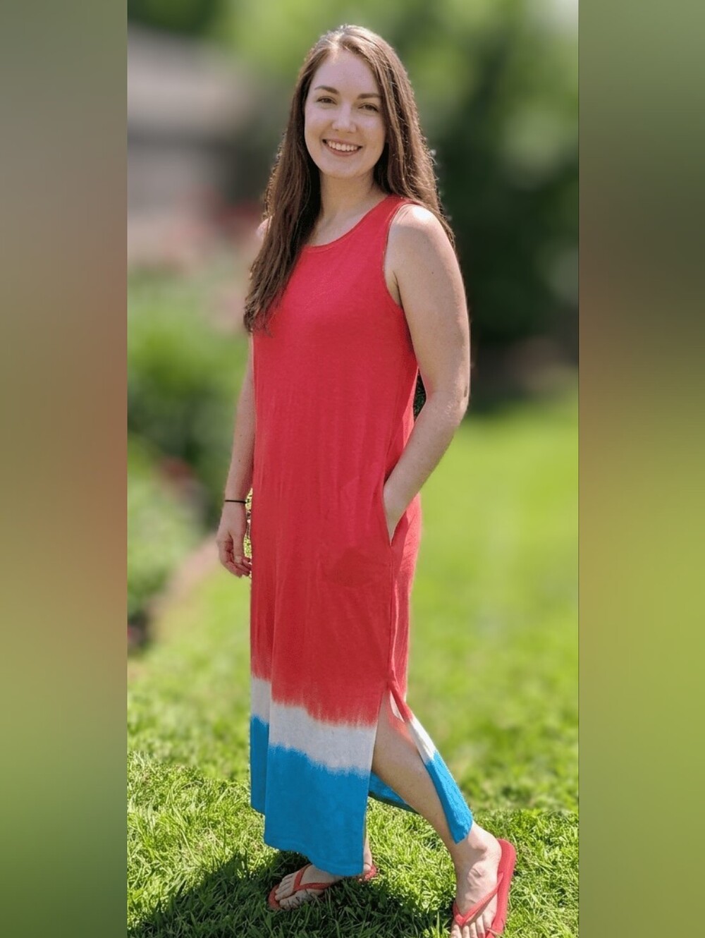 Lands’ End XL Cotton Knit Tie Dye Maxi Dress Or Swim Cover Sleeveless Red Blue